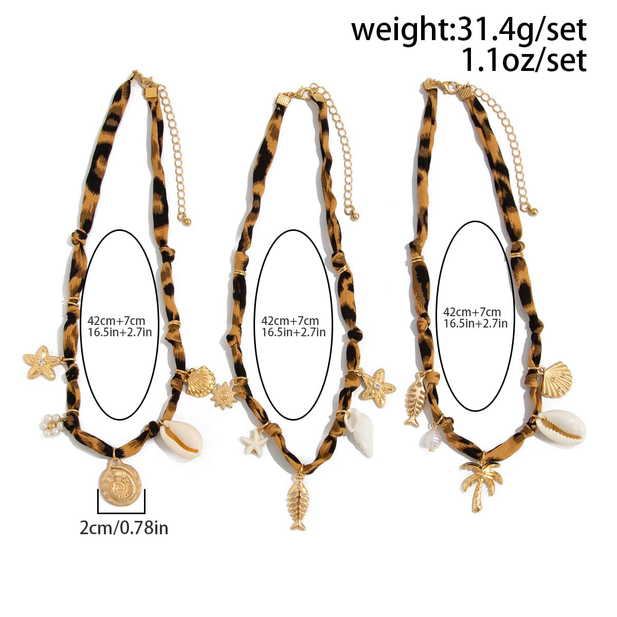 Beach Style 3pcs Conch Fish Bone Coconut Tree Pendant Leopard Print Necklace Set - ArtGalleryZen