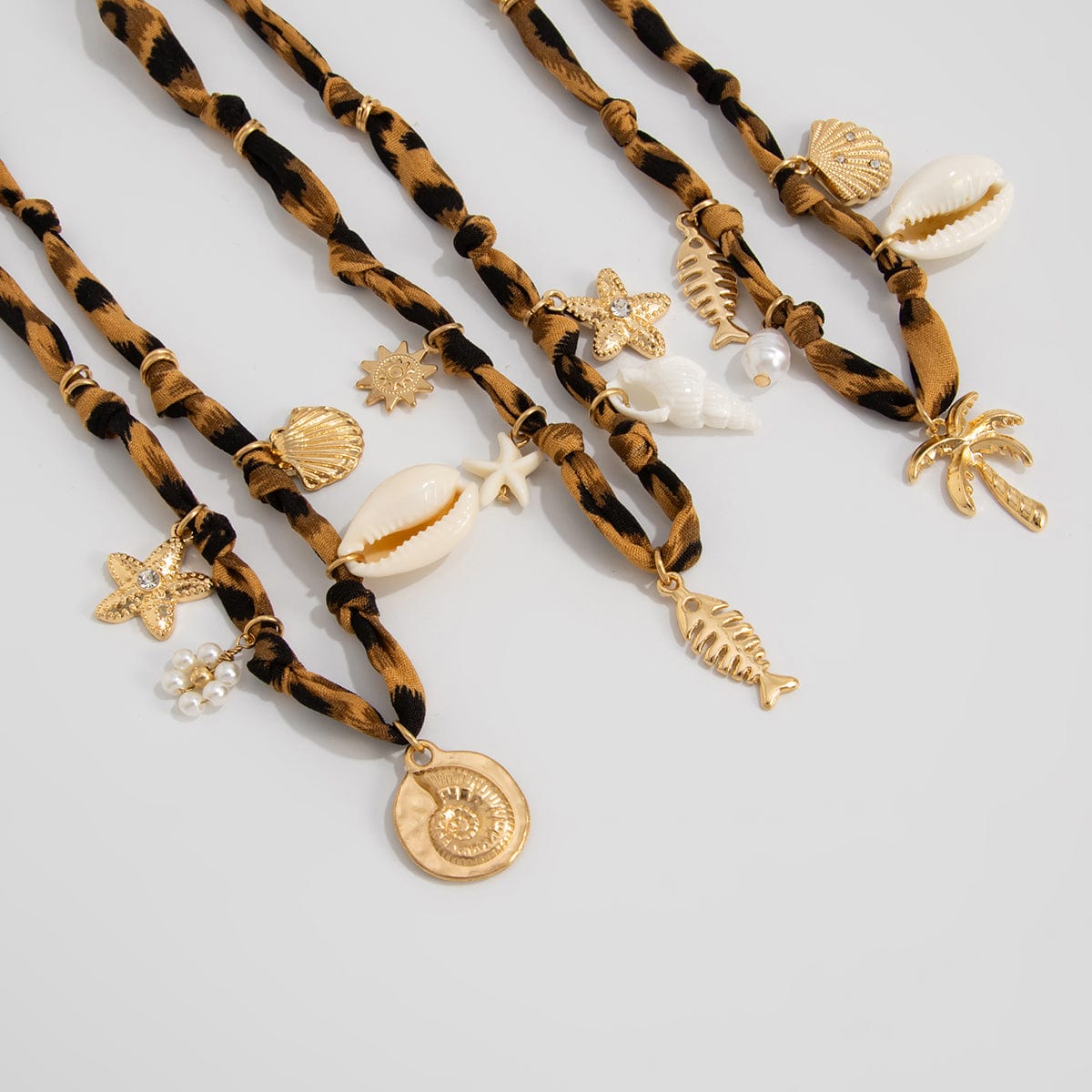Beach Style 3pcs Conch Fish Bone Coconut Tree Pendant Leopard Print Necklace Set - ArtGalleryZen