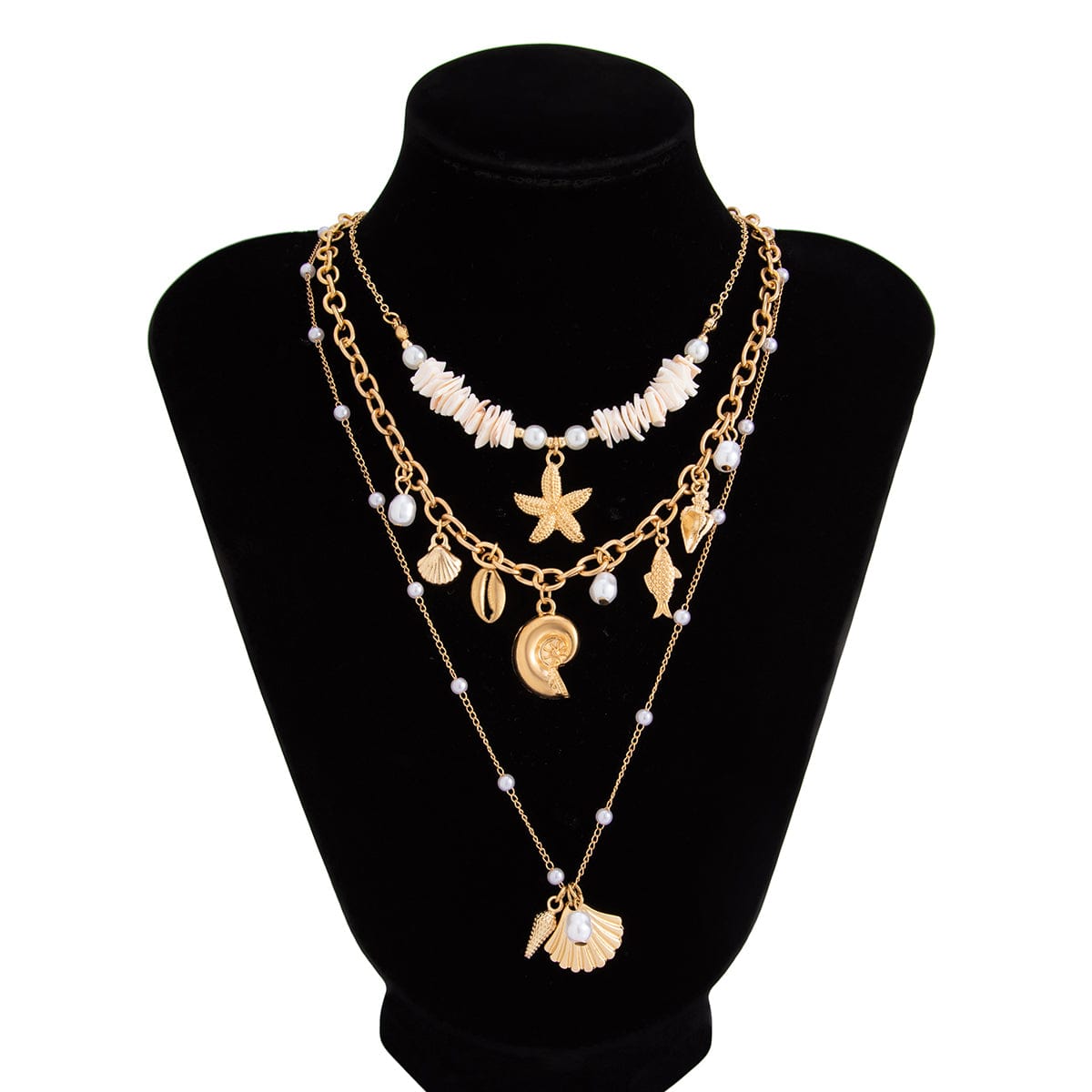 Beach Style 3pcs Conch Shell Starfish Pendant Pearl Chain Necklace Set - ArtGalleryZen