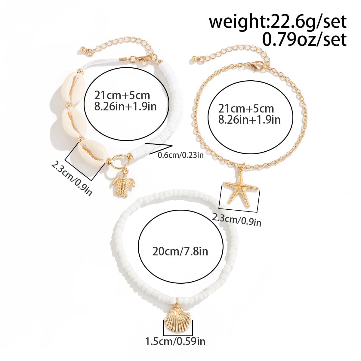 Beach Style 3Pcs Conch Starfish Turtle Charm Seed Bead Anklet Set - ArtGalleryZen