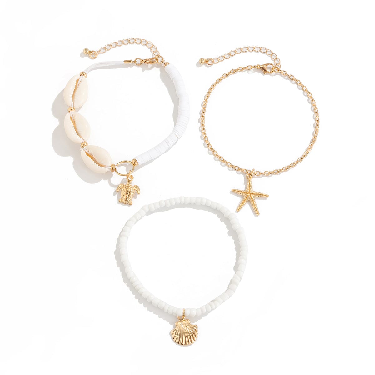 Beach Style 3Pcs Conch Starfish Turtle Charm Seed Bead Anklet Set - ArtGalleryZen