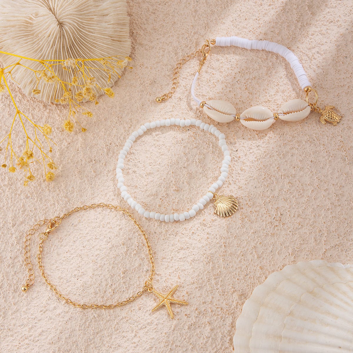 Beach Style 3Pcs Conch Starfish Turtle Charm Seed Bead Anklet Set - ArtGalleryZen