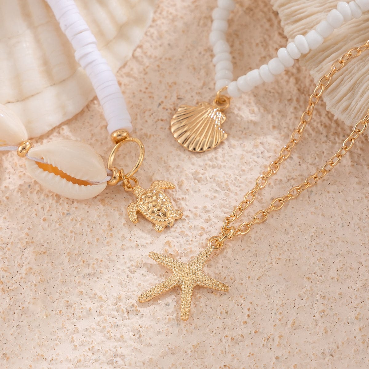 Beach Style 3Pcs Conch Starfish Turtle Charm Seed Bead Anklet Set