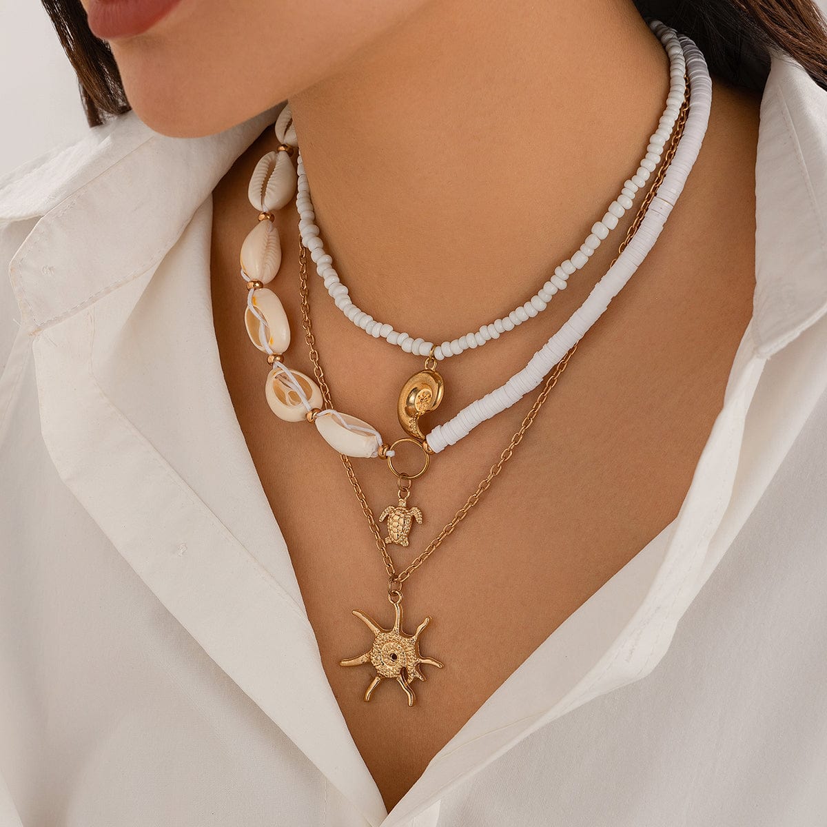 Beach Style 3Pcs Conch Starfish Turtle Pendant Seed Bead Necklace Set