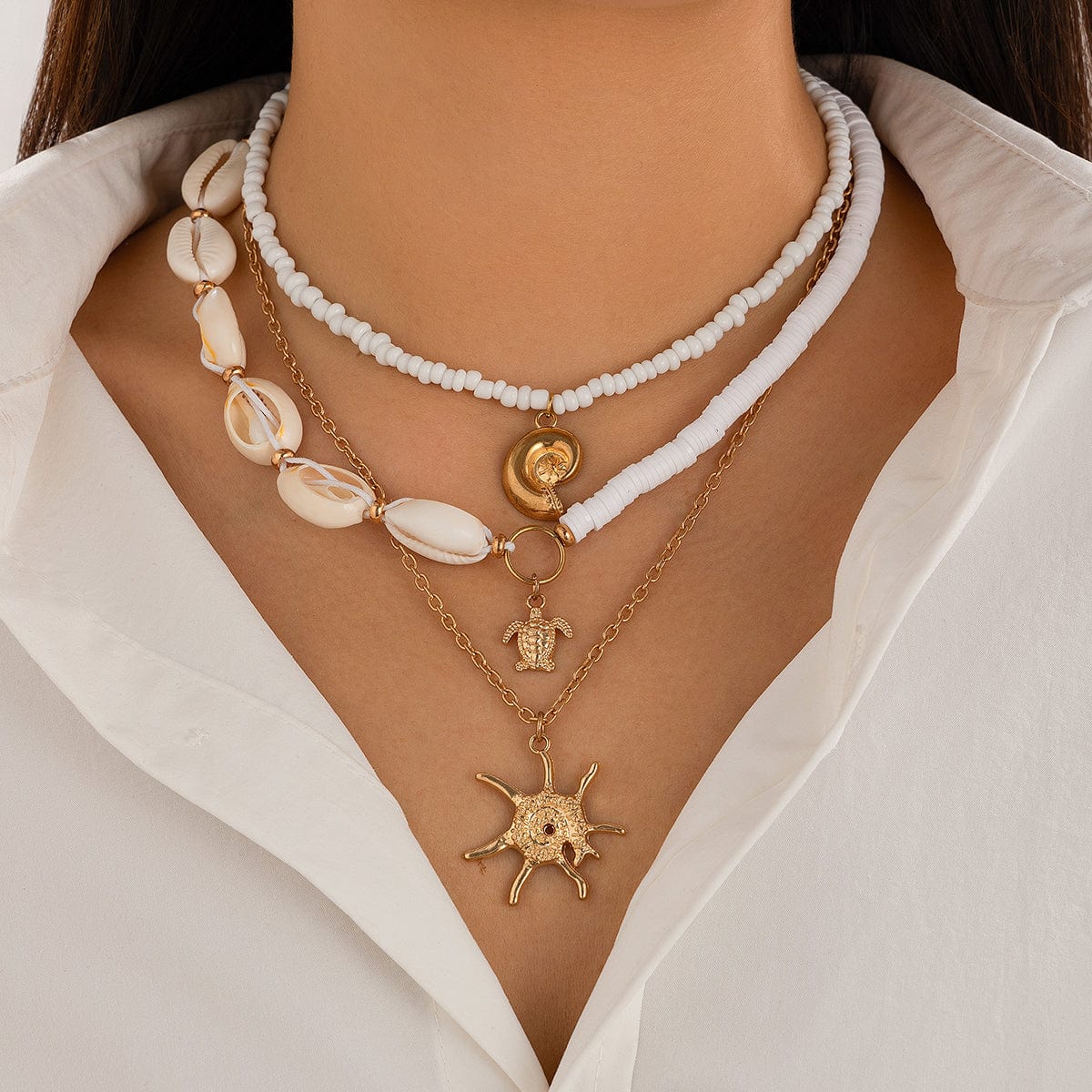 Beach Style 3Pcs Conch Starfish Turtle Pendant Seed Bead Necklace Set