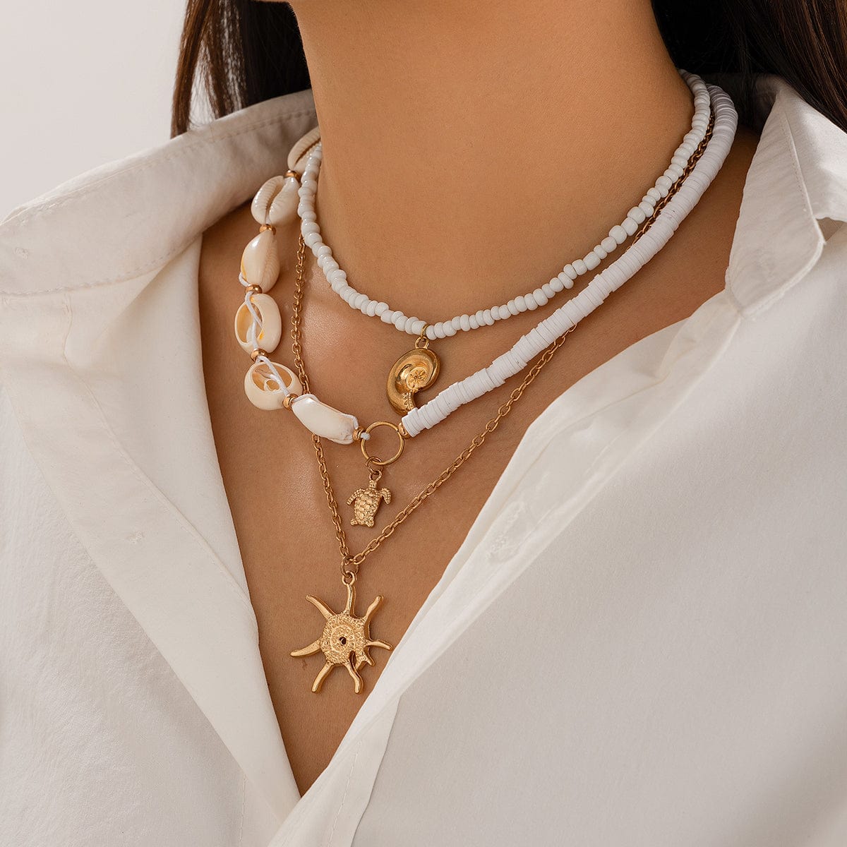 Beach Style 3Pcs Conch Starfish Turtle Pendant Seed Bead Necklace Set