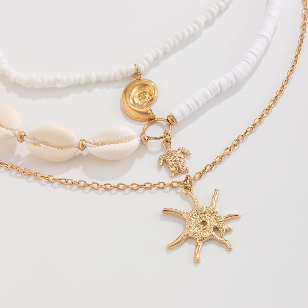 Beach Style 3Pcs Conch Starfish Turtle Pendant Seed Bead Necklace Set