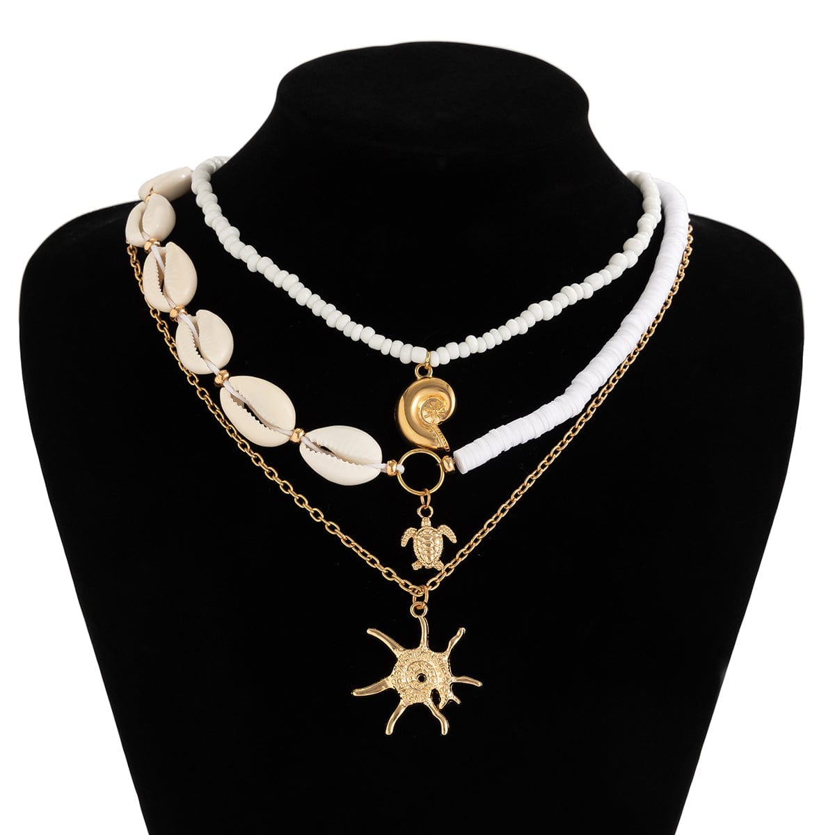 Beach Style 3Pcs Conch Starfish Turtle Pendant Seed Bead Necklace Set