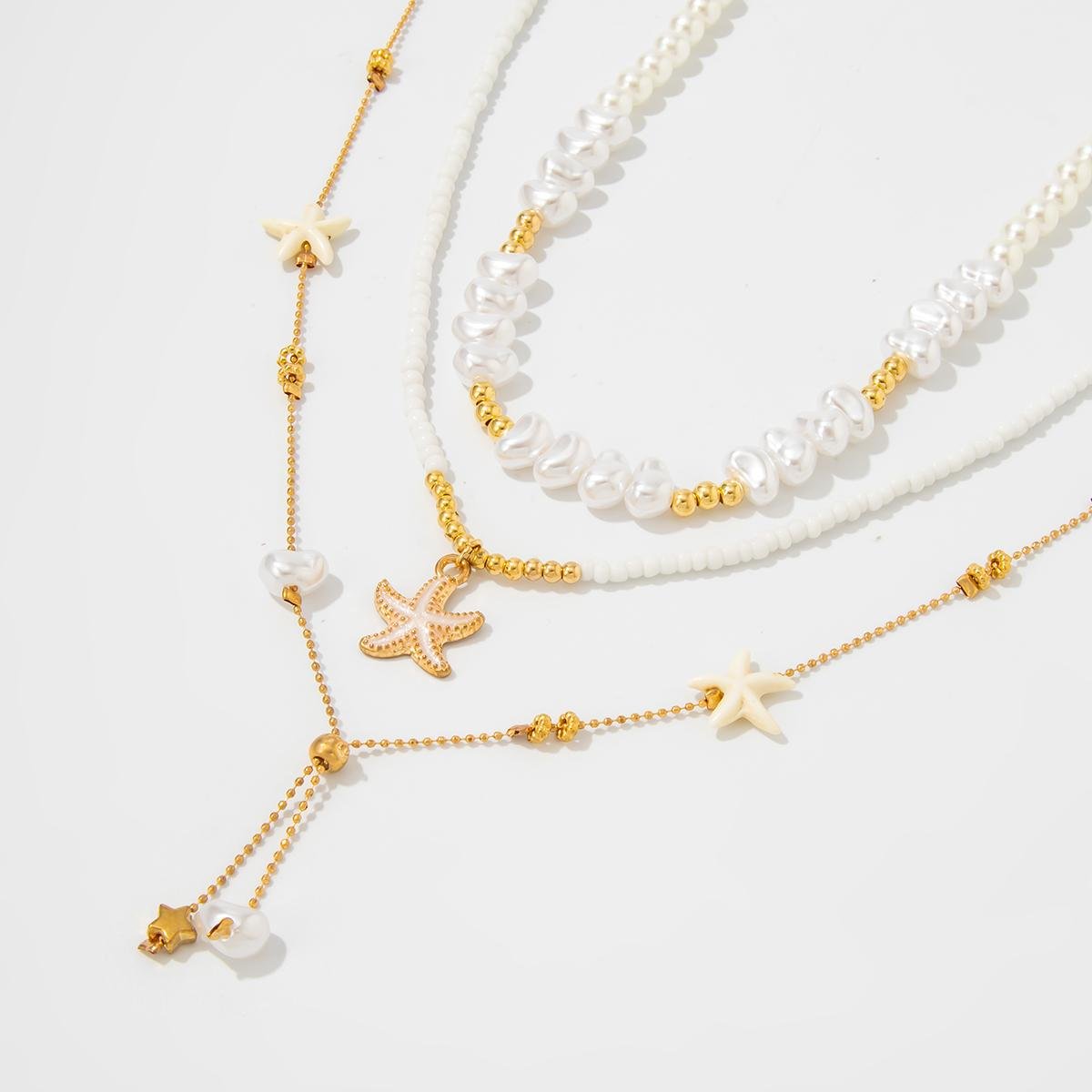Beach Style 3pcs Enamel Starfish Charm Pearl Seed Beaded Chain Necklace Set - ArtGalleryZen
