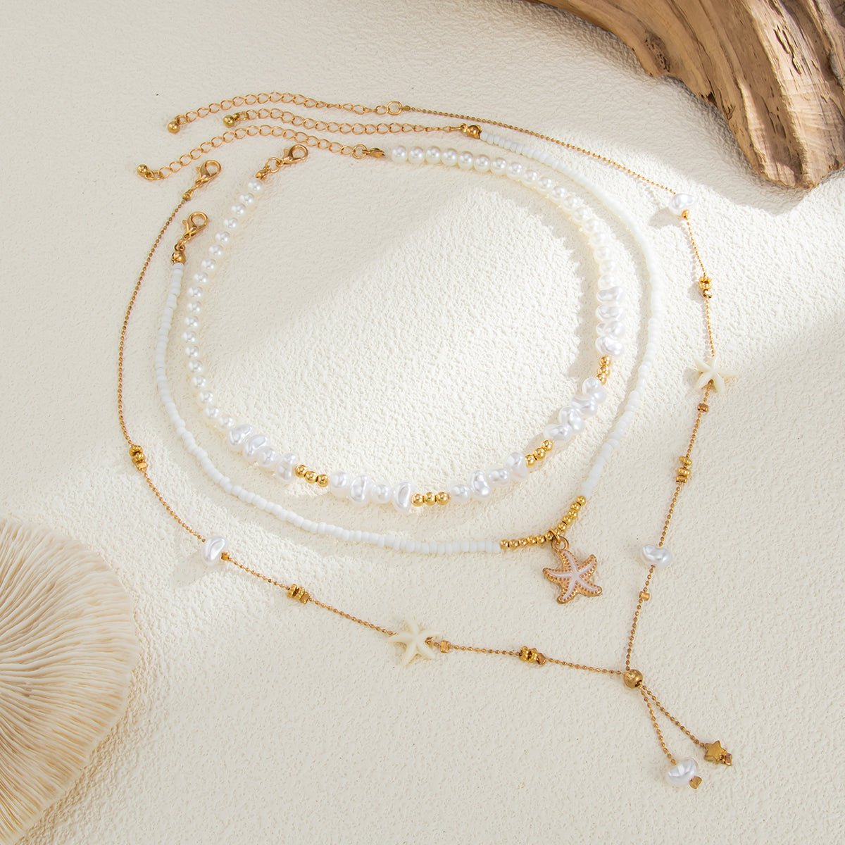 Beach Style 3pcs Enamel Starfish Charm Pearl Seed Beaded Chain Necklace Set - ArtGalleryZen