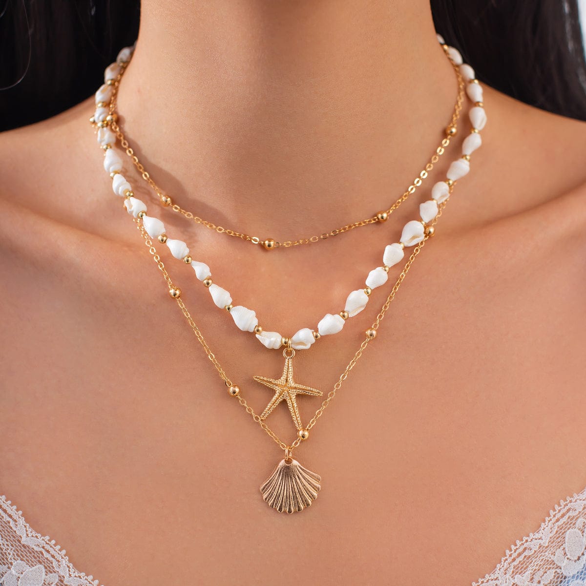 Beach Style 3pcs Shell Starfish Pendant Conch Chain Necklace Set - ArtGalleryZen