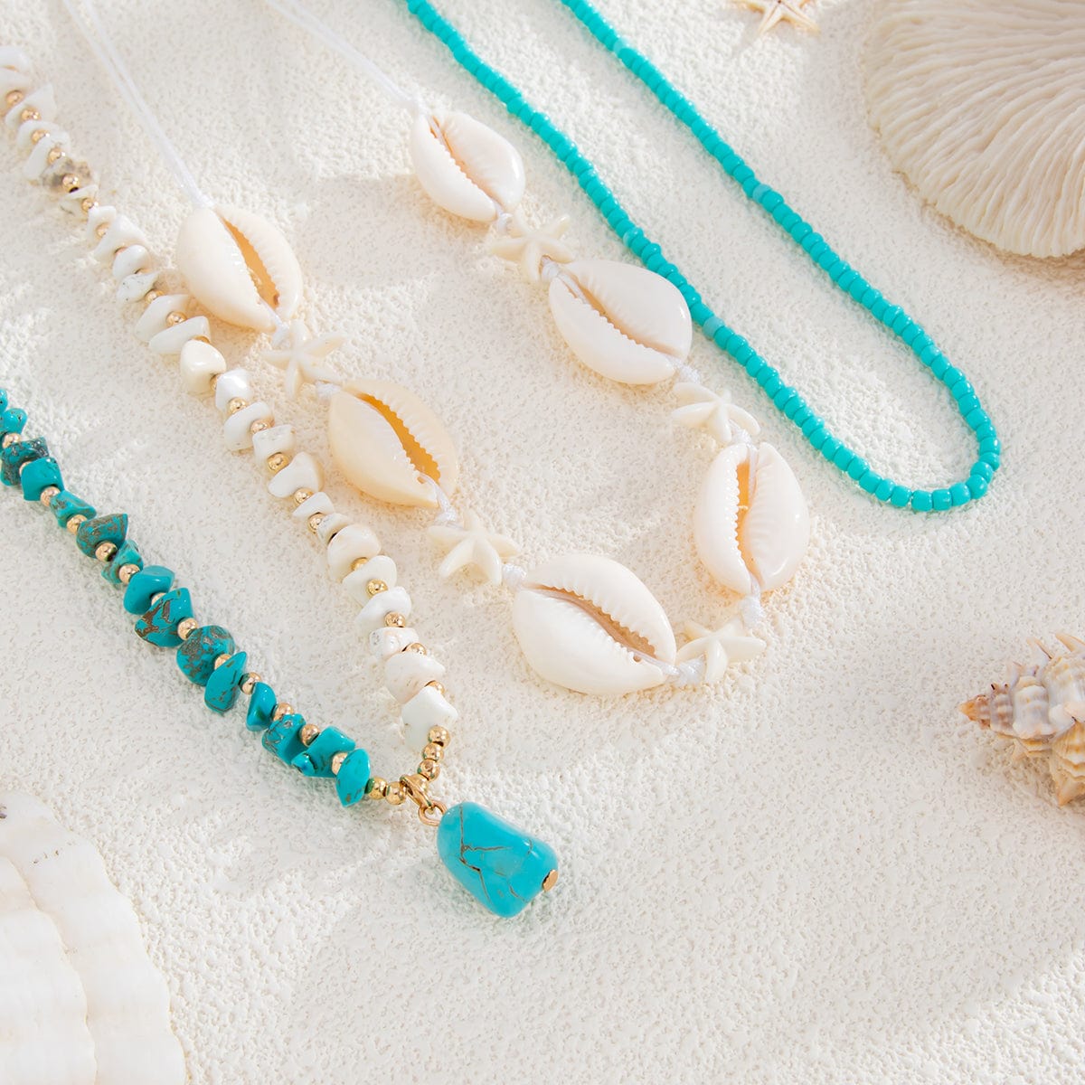 Beach Style 3pcs Turquoise Charm Conch Starfish Seed Beaded Chain Necklace Set - ArtGalleryZen