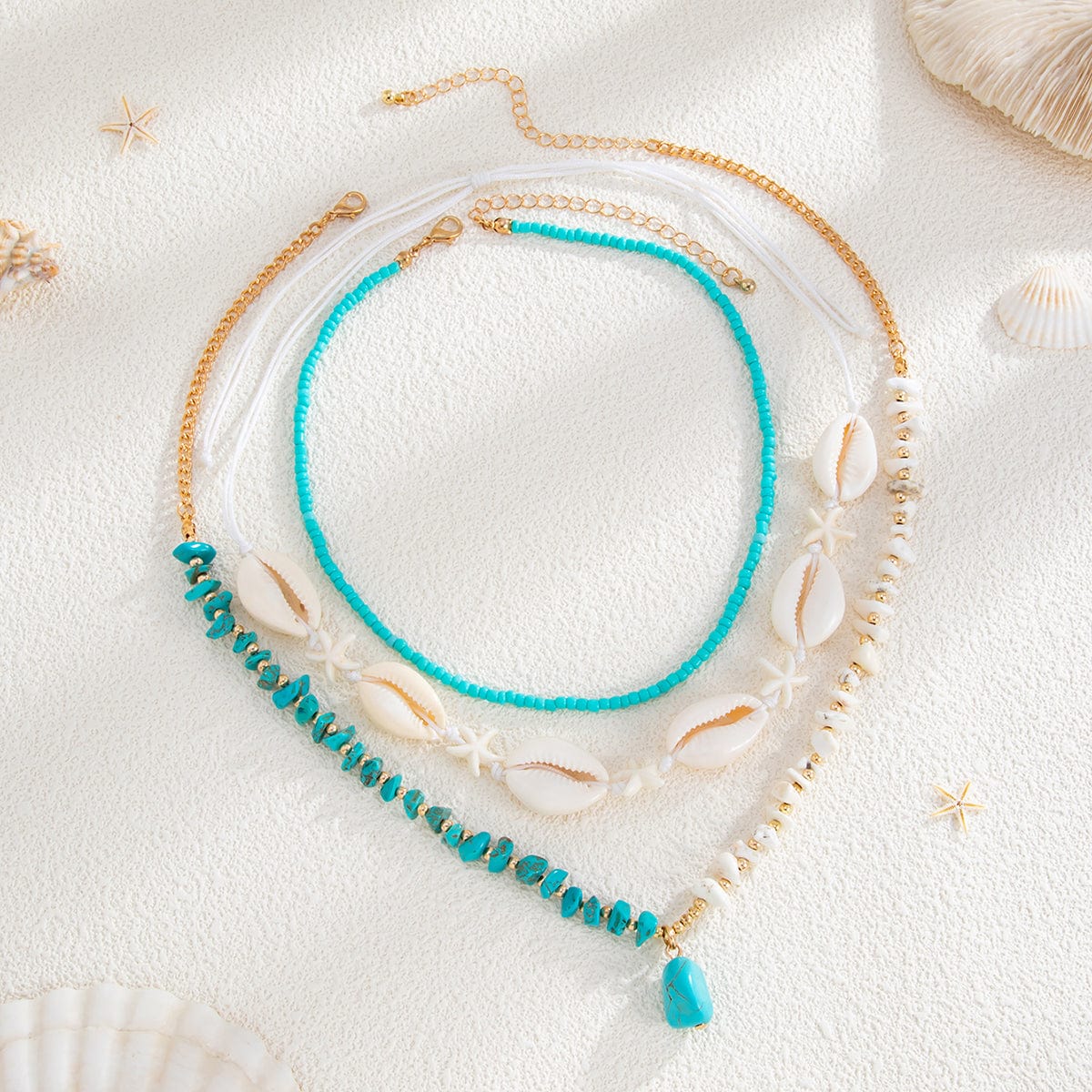 Beach Style 3pcs Turquoise Charm Conch Starfish Seed Beaded Chain Necklace Set - ArtGalleryZen