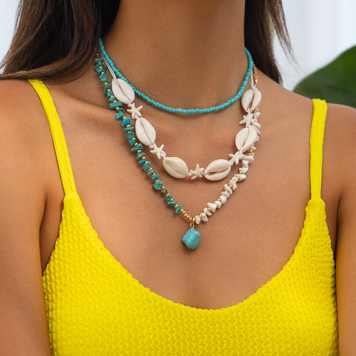 Beach Style 3pcs Turquoise Charm Conch Starfish Seed Beaded Chain Necklace Set - ArtGalleryZen