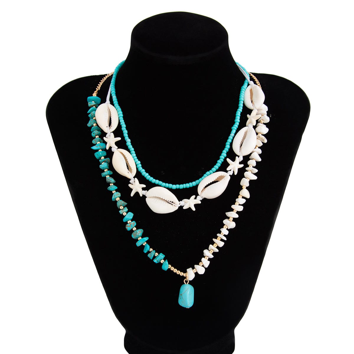 Beach Style 3pcs Turquoise Charm Conch Starfish Seed Beaded Chain Necklace Set - ArtGalleryZen