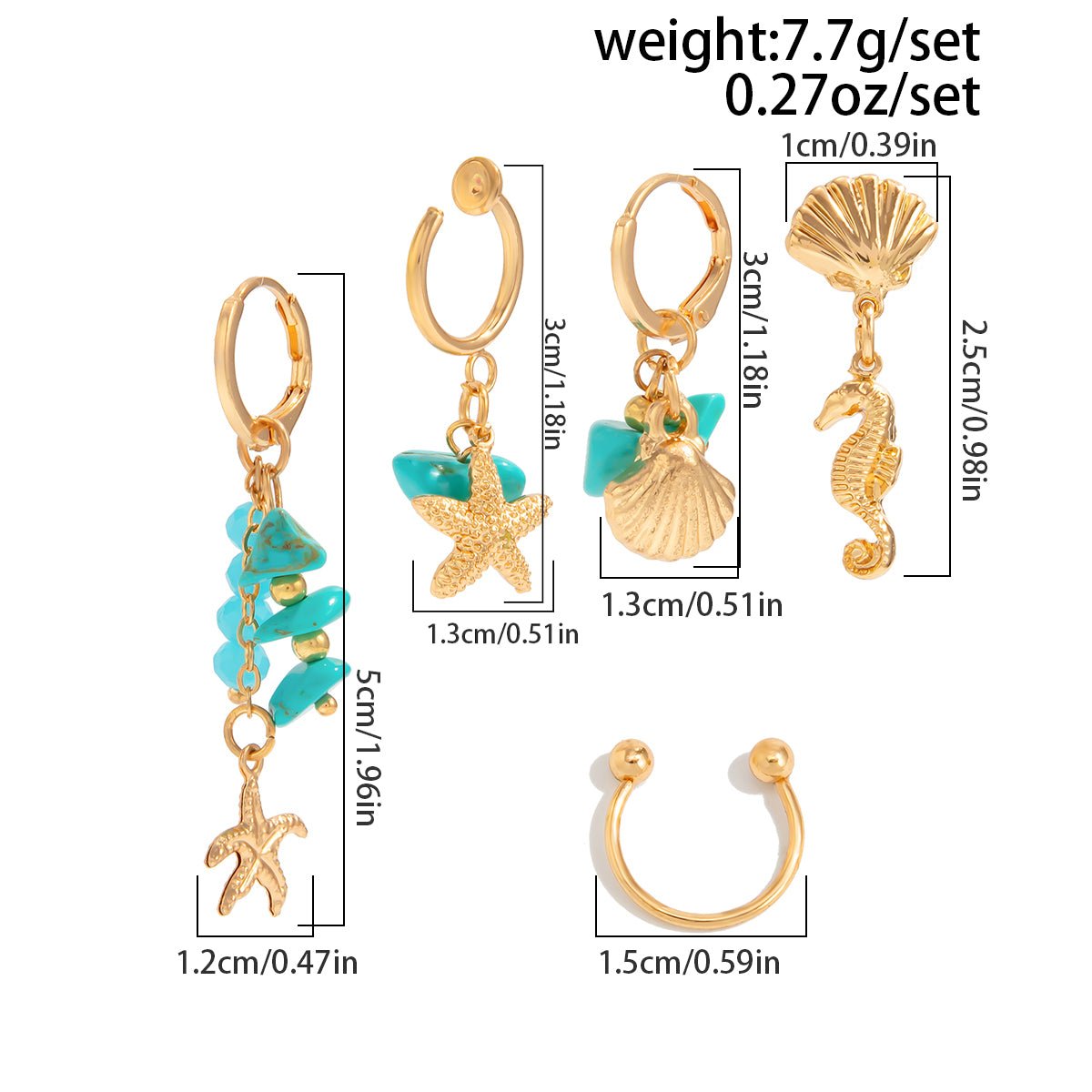 Beach Style 5 Pcs Dangling Turquoise Shell Starfish Seahorse Huggie Hoop Earrings Set - ArtGalleryZen