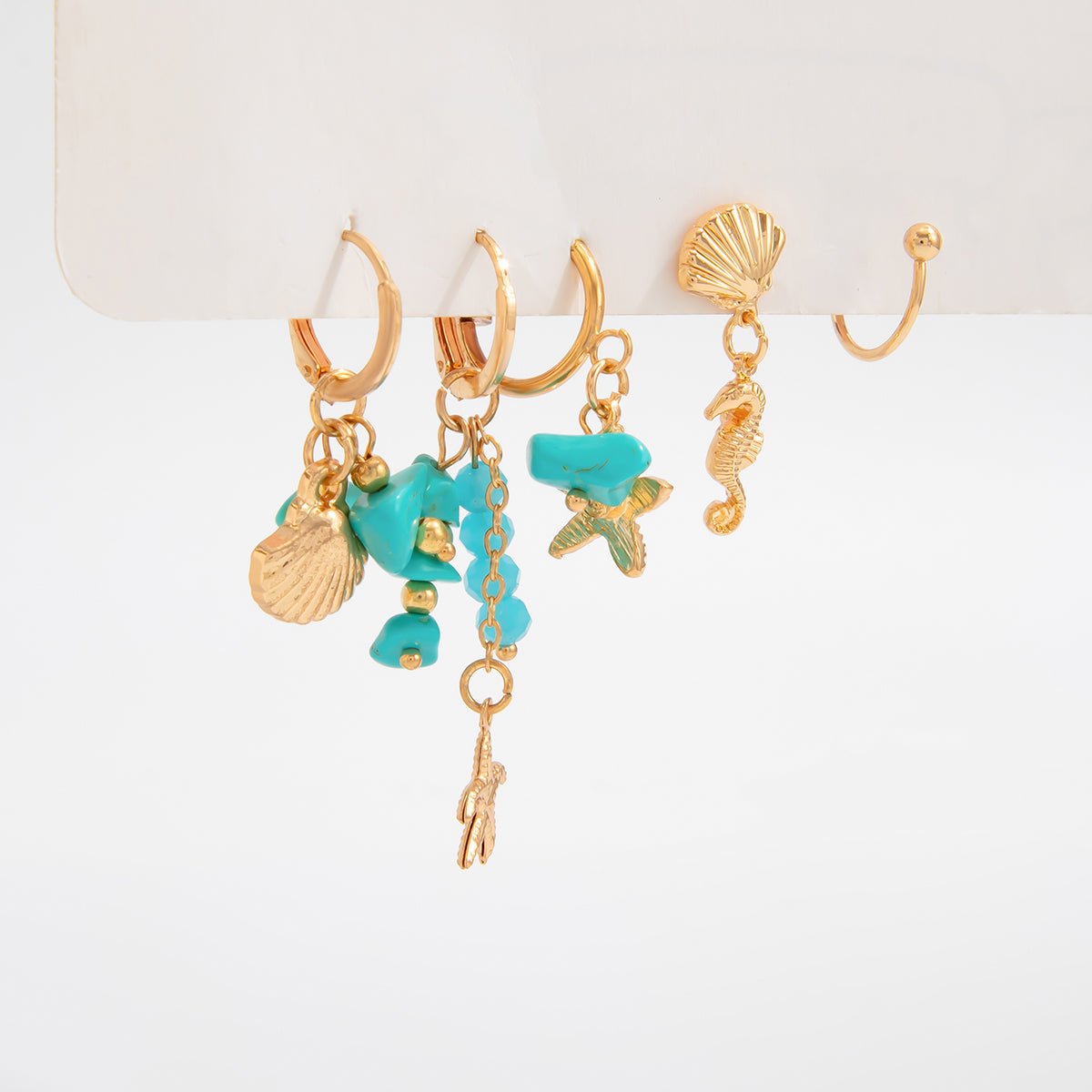 Beach Style 5 Pcs Dangling Turquoise Shell Starfish Seahorse Huggie Hoop Earrings Set - ArtGalleryZen
