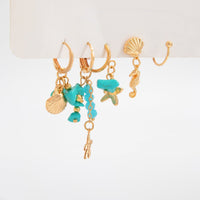 Thumbnail for Beach Style 5 Pcs Dangling Turquoise Shell Starfish Seahorse Huggie Hoop Earrings Set - ArtGalleryZen