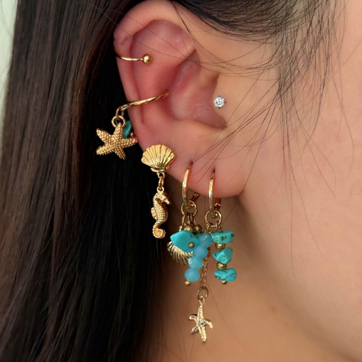 Beach Style 5 Pcs Dangling Turquoise Shell Starfish Seahorse Huggie Hoop Earrings Set - ArtGalleryZen