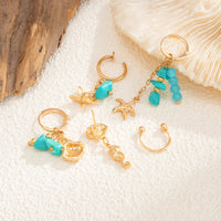 Thumbnail for Beach Style 5 Pcs Dangling Turquoise Shell Starfish Seahorse Huggie Hoop Earrings Set - ArtGalleryZen