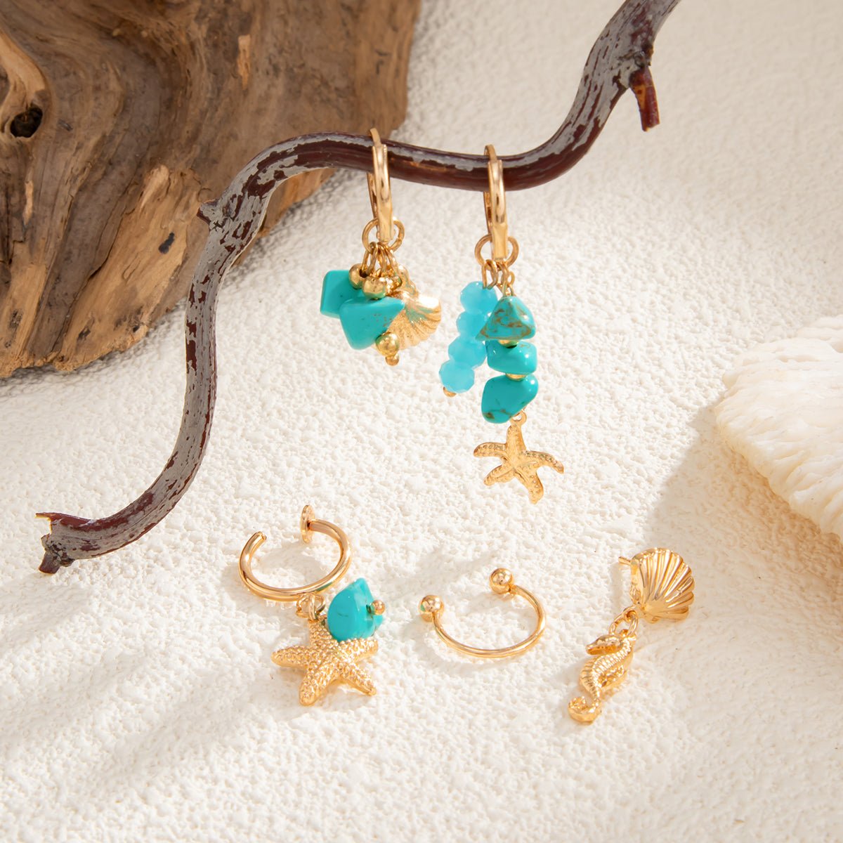 Beach Style 5 Pcs Dangling Turquoise Shell Starfish Seahorse Huggie Hoop Earrings Set - ArtGalleryZen