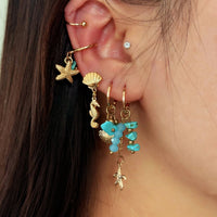 Thumbnail for Beach Style 5 Pcs Dangling Turquoise Shell Starfish Seahorse Huggie Hoop Earrings Set - ArtGalleryZen