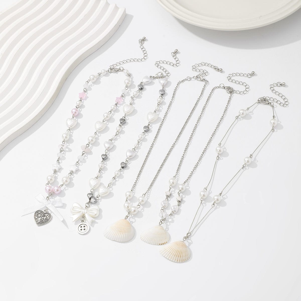 Beach Style 5pcs Natural Shell Bowknot Heart Pendant Pearl Chain Necklace Set - ArtGalleryZen