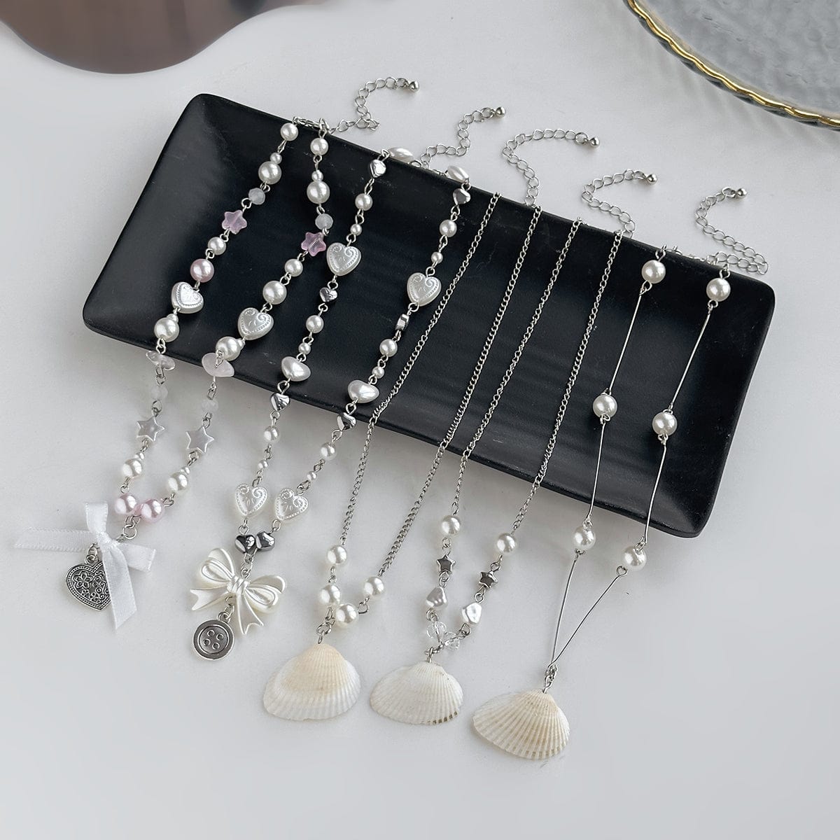 Beach Style 5pcs Natural Shell Bowknot Heart Pendant Pearl Chain Necklace Set - ArtGalleryZen