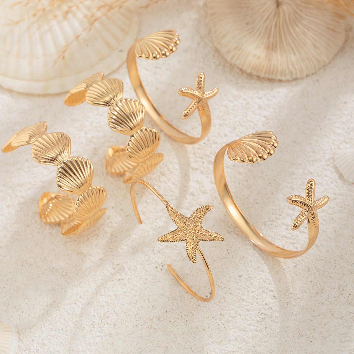 Beach Style 5pcs Shell Starfish Bangle Bracelet Set - ArtGalleryZen