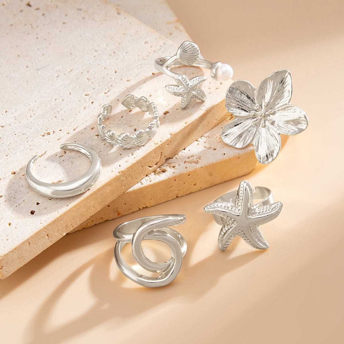 Beach Style 6pcs Flower Starfish Shell Pearl Ring Set - ArtGalleryZen
