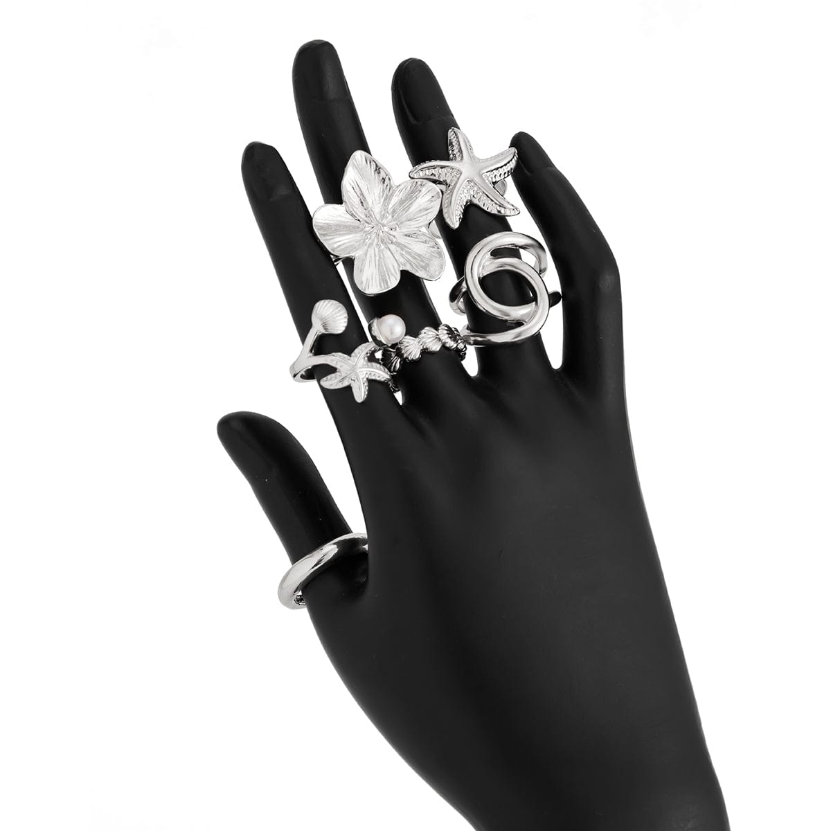 Beach Style 6pcs Flower Starfish Shell Pearl Ring Set - ArtGalleryZen