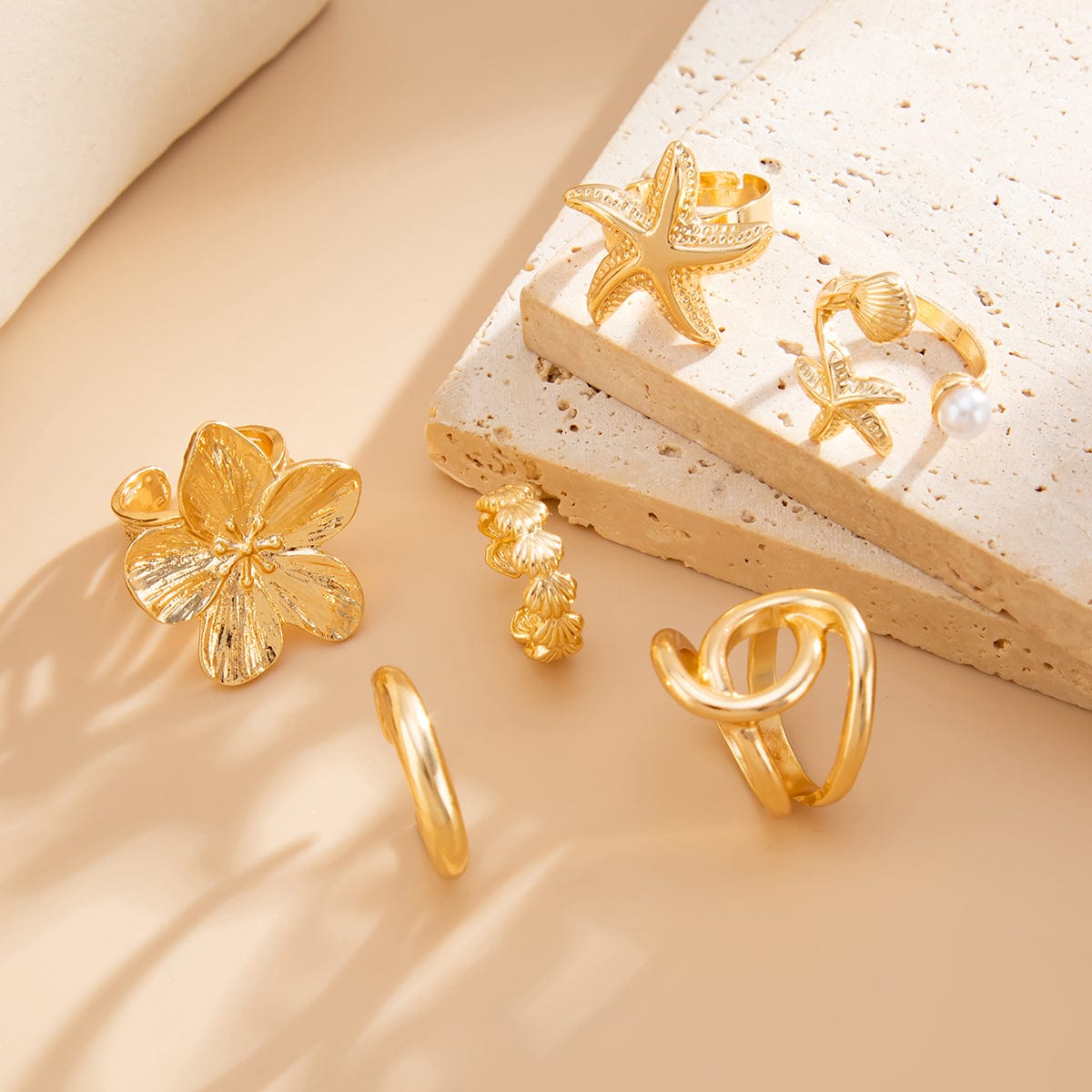 Beach Style 6pcs Flower Starfish Shell Pearl Ring Set - ArtGalleryZen