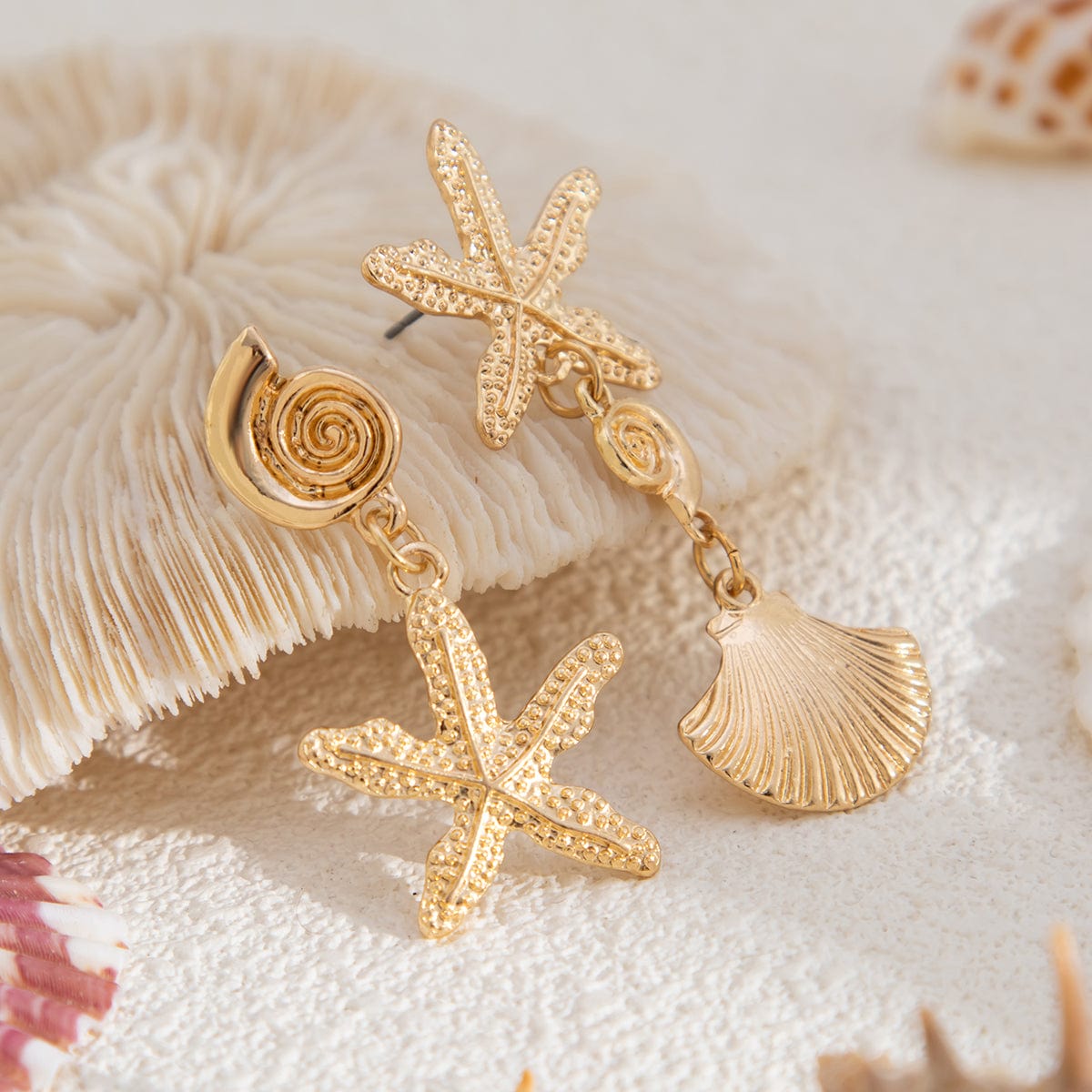 Beach Style Asymmetric Shell Starfish Dangle Earrings - ArtGalleryZen