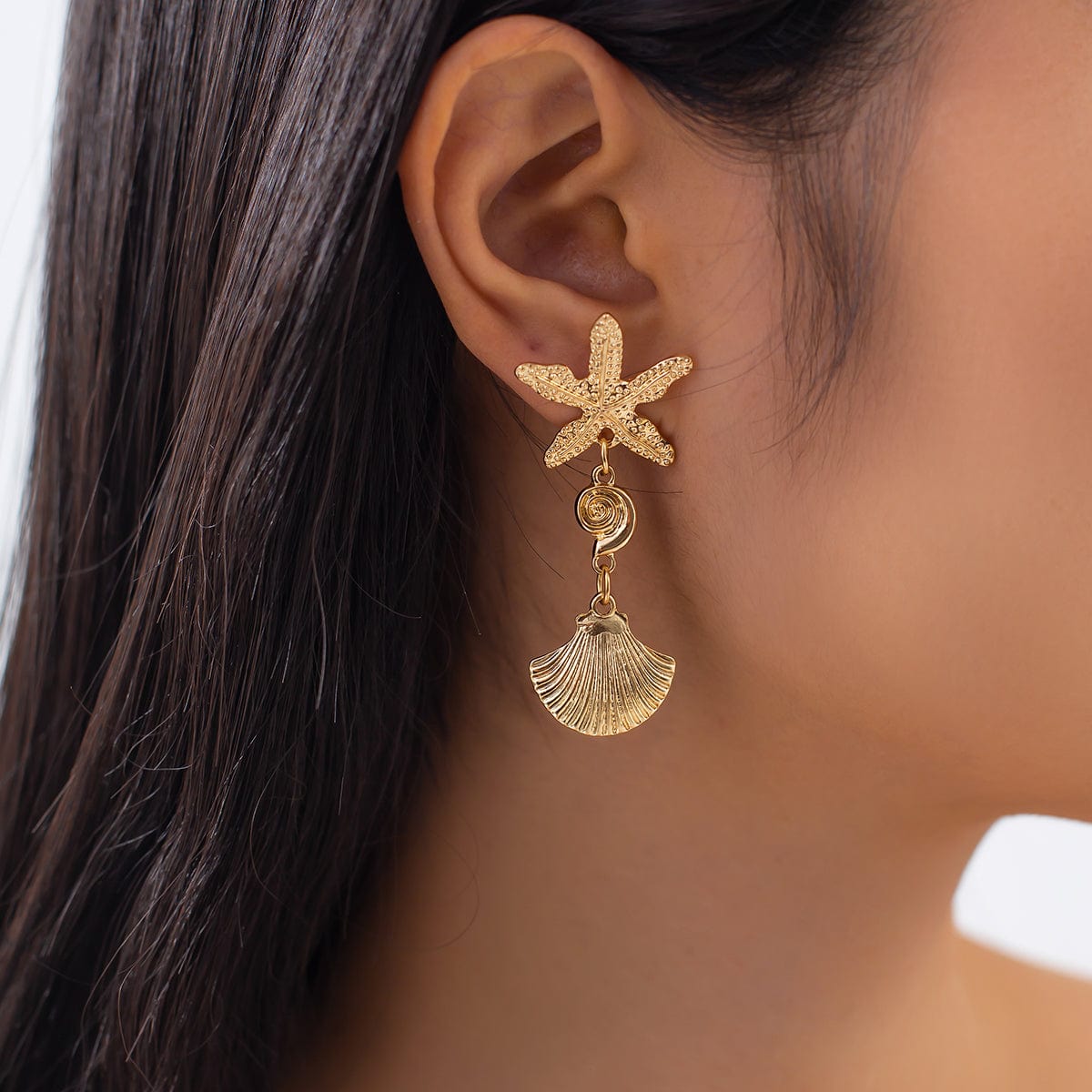 Beach Style Asymmetric Shell Starfish Dangle Earrings - ArtGalleryZen