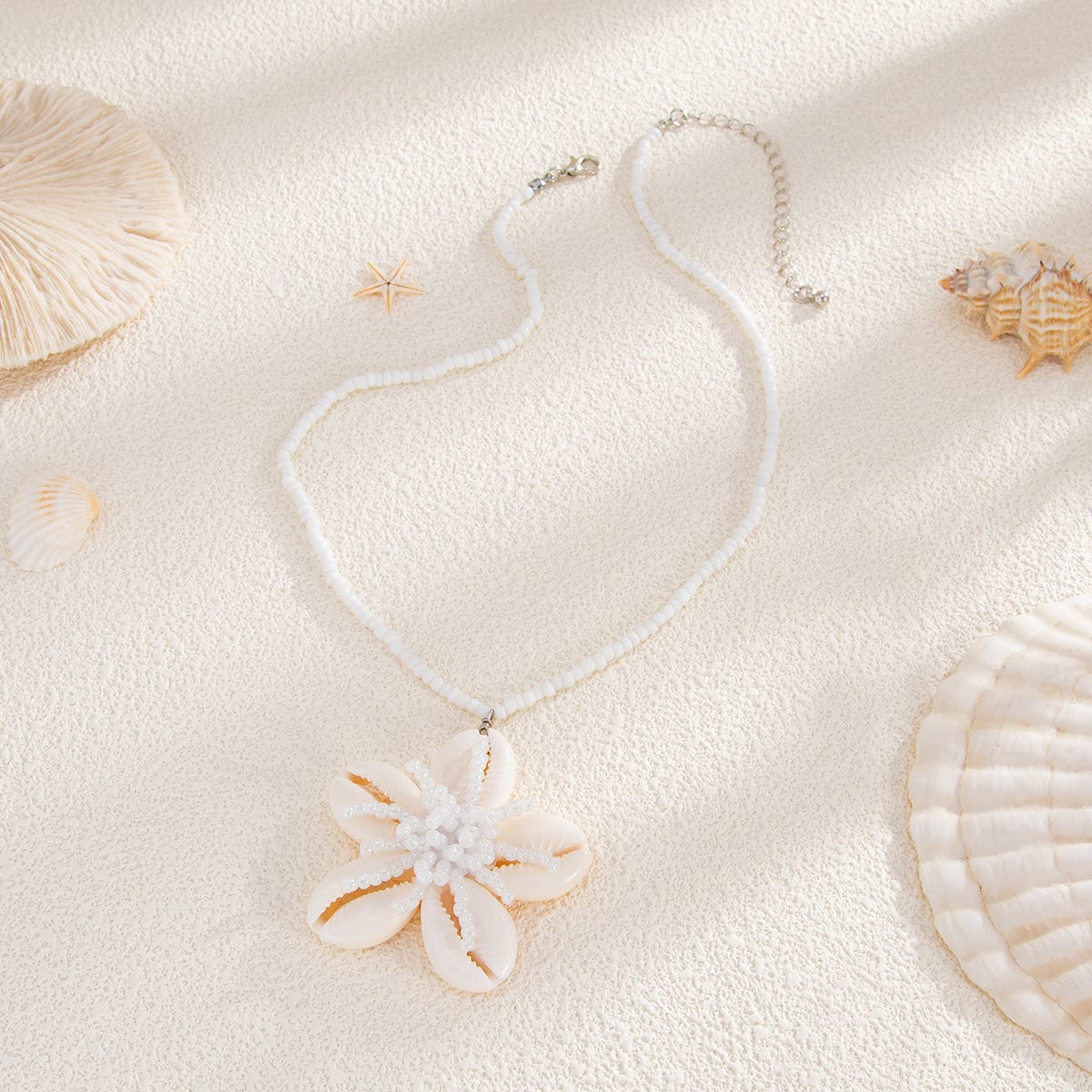 Beach Style Conch Flower Pendant Seed Bead Necklace - ArtGalleryZen