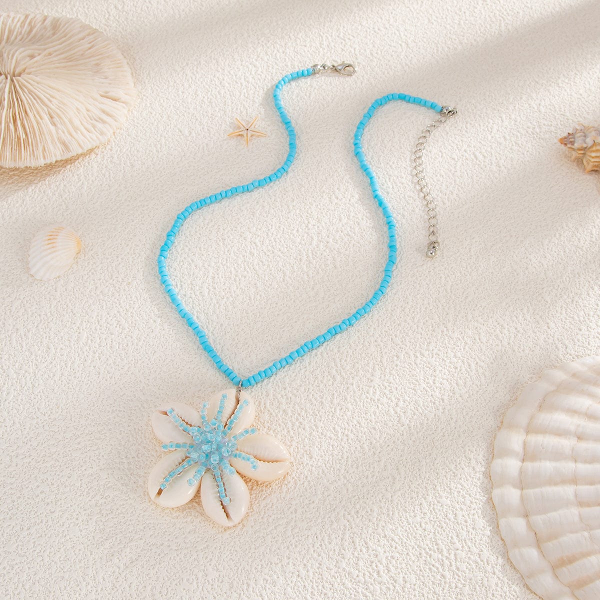 Beach Style Conch Flower Pendant Seed Bead Necklace - ArtGalleryZen