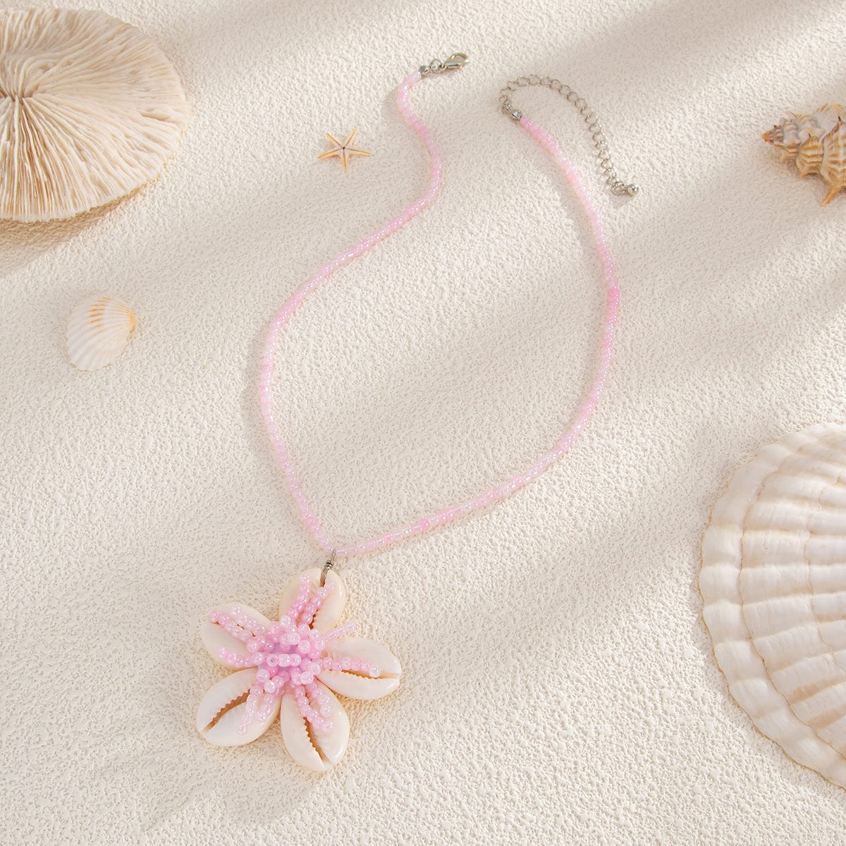 seed bead flower necklace Beach Conch Shell Flower Seed Bead Necklace Pendant|ArtGalleryZen Pink