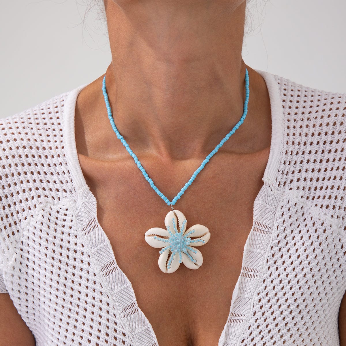 Beach Style Conch Flower Pendant Seed Bead Necklace - ArtGalleryZen