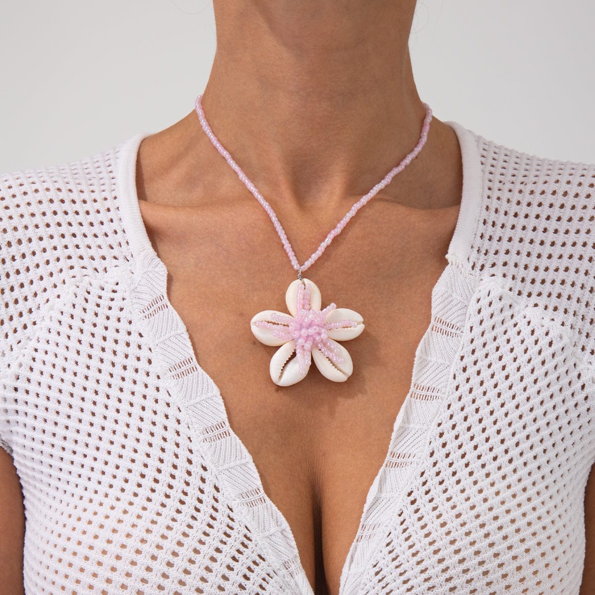 Beach Style Conch Flower Pendant Seed Bead Necklace - ArtGalleryZen