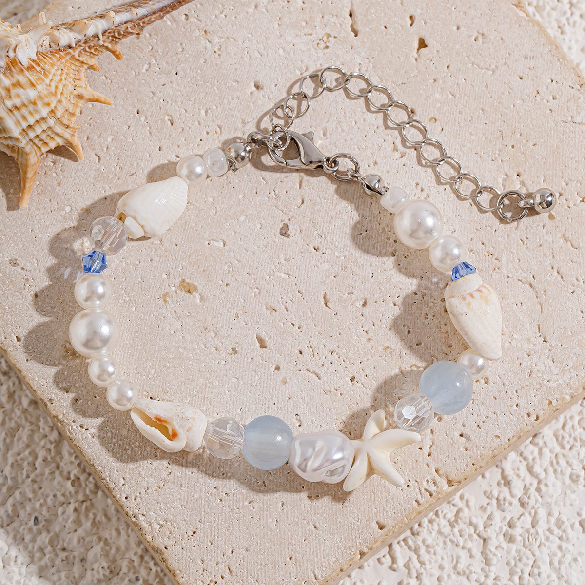 Beach Style Conch Starfish Pearl Crystal Chain Bracelet - ArtGalleryZen