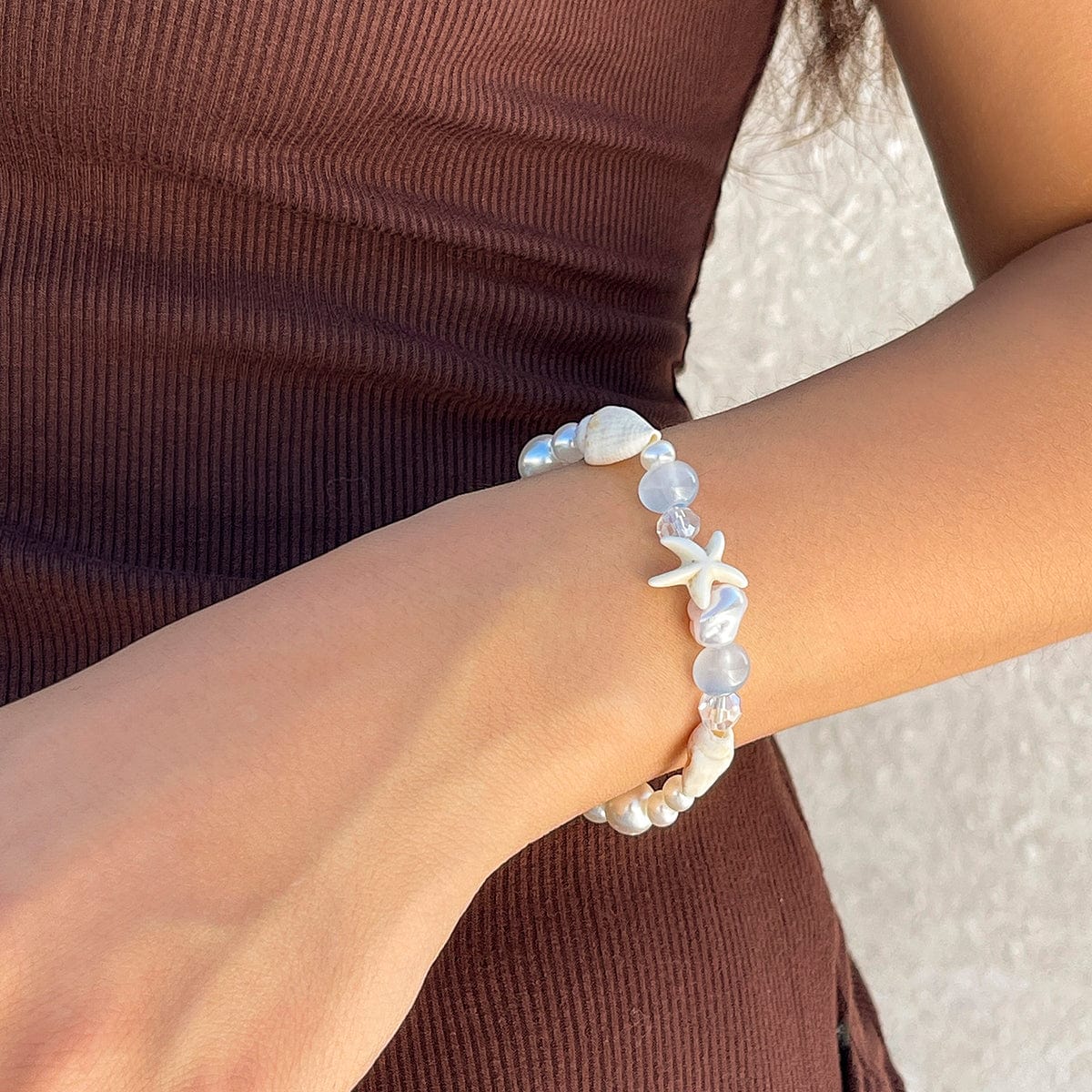 Beach Style Conch Starfish Pearl Crystal Chain Bracelet - ArtGalleryZen