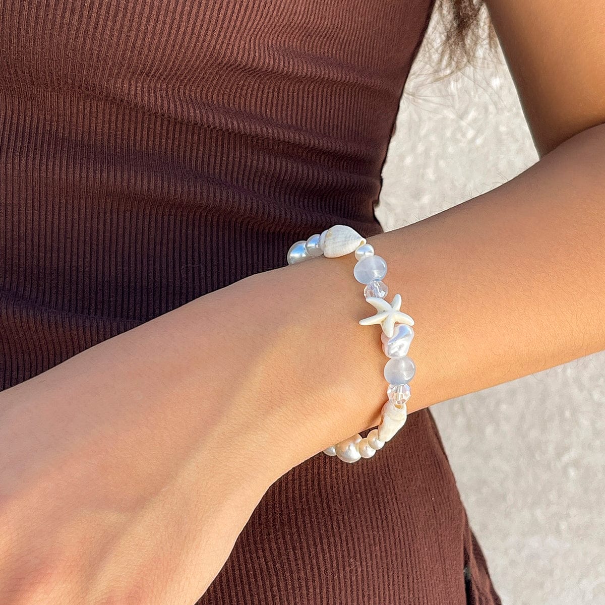 Beach Style Conch Starfish Pearl Crystal Chain Bracelet