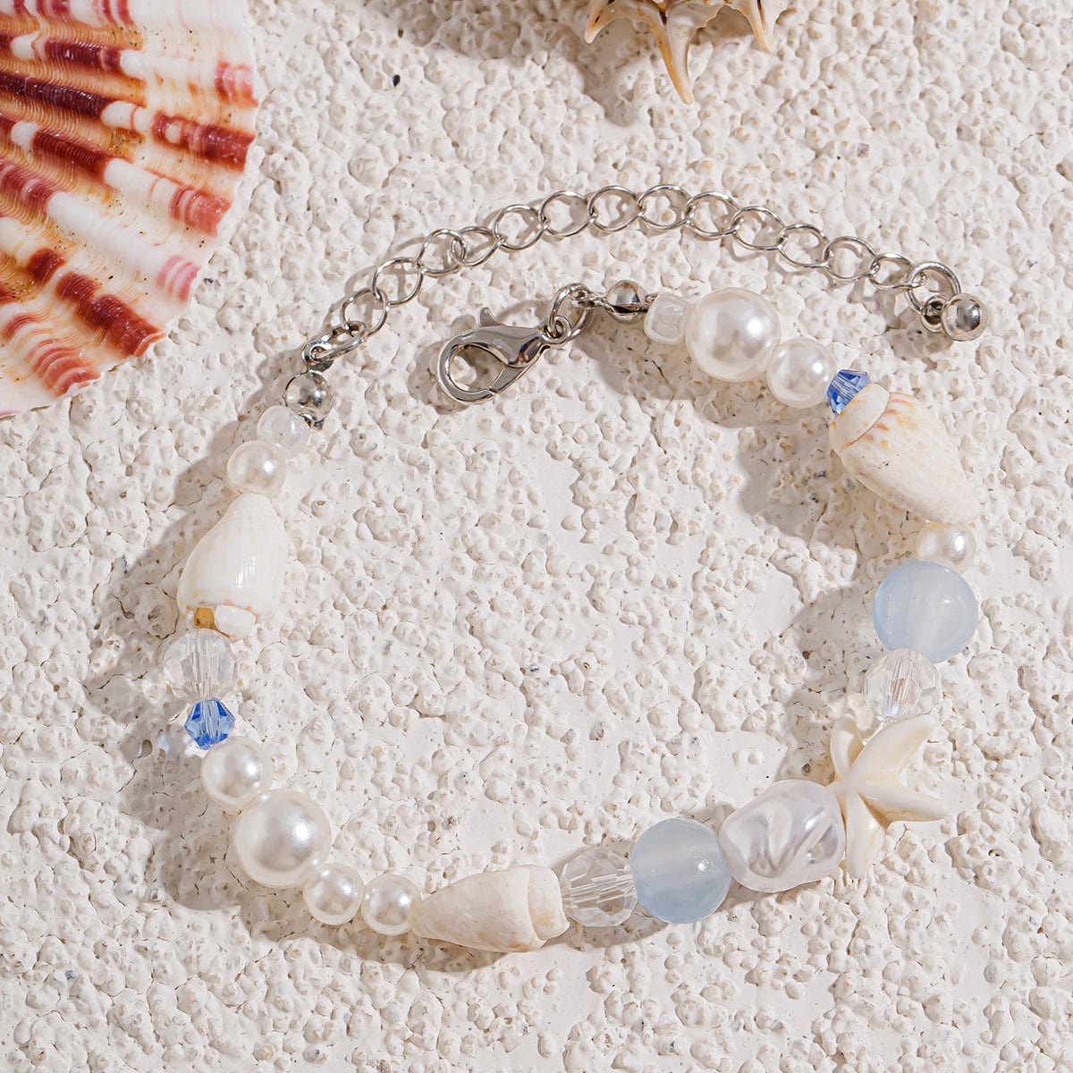 Beach Style Conch Starfish Pearl Crystal Chain Bracelet