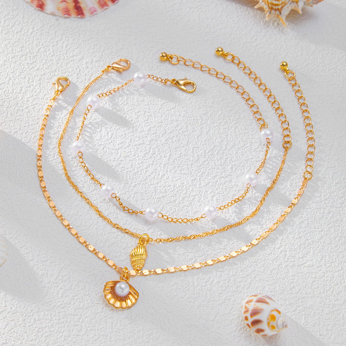 Beach Style Layered Conch Shell Charm Pearl Chain Anklet - ArtGalleryZen