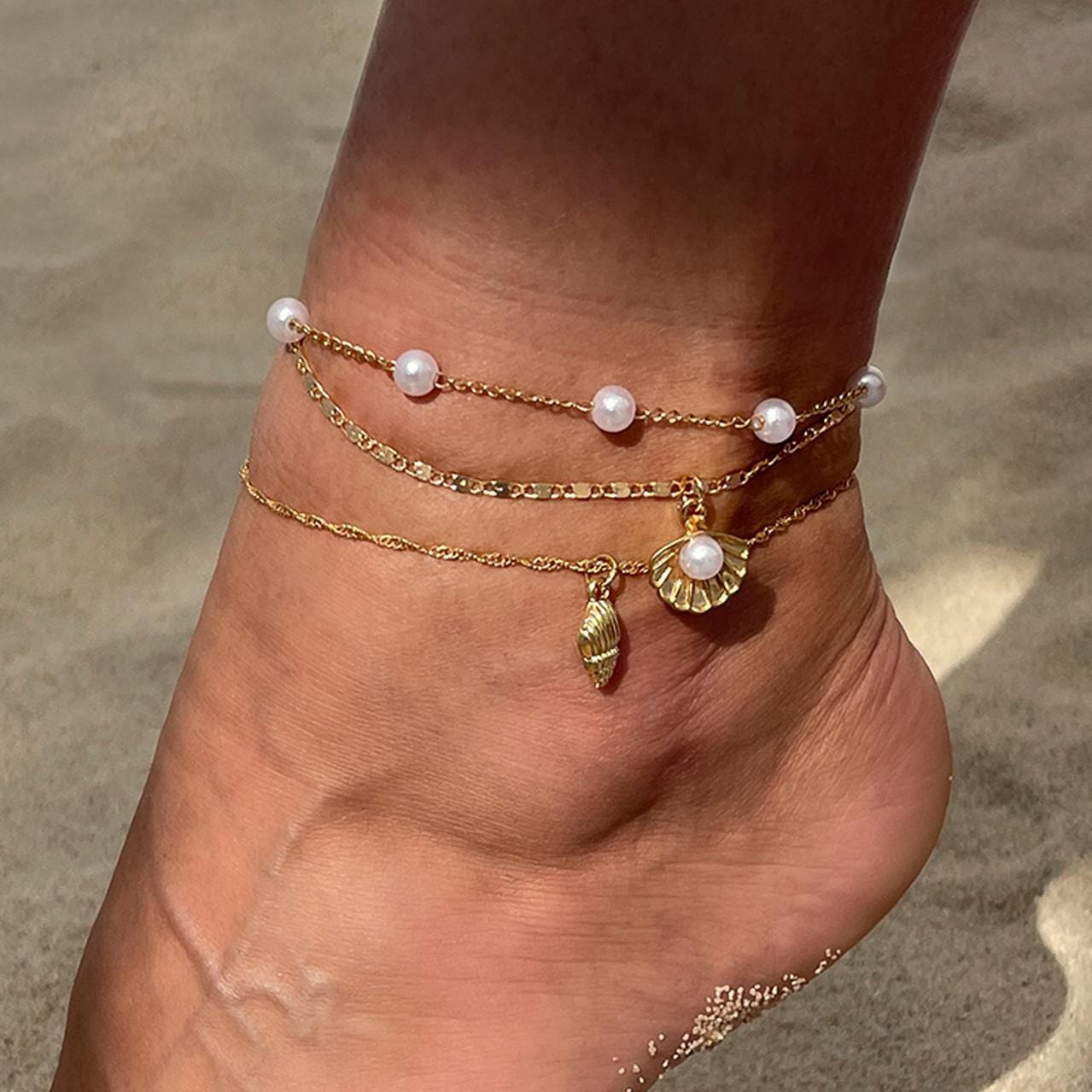 Beach Style Layered Conch Shell Charm Pearl Chain Anklet - ArtGalleryZen