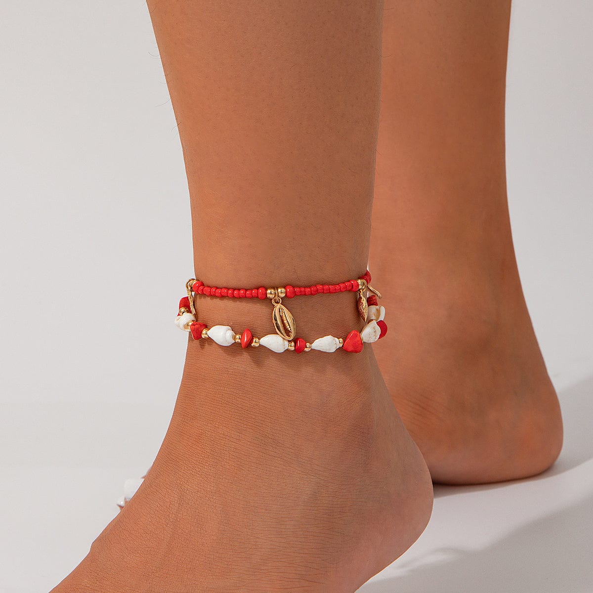 Beach Style Layered Conch Starfish Charm Turquoise Seed Beaded Anklet Set