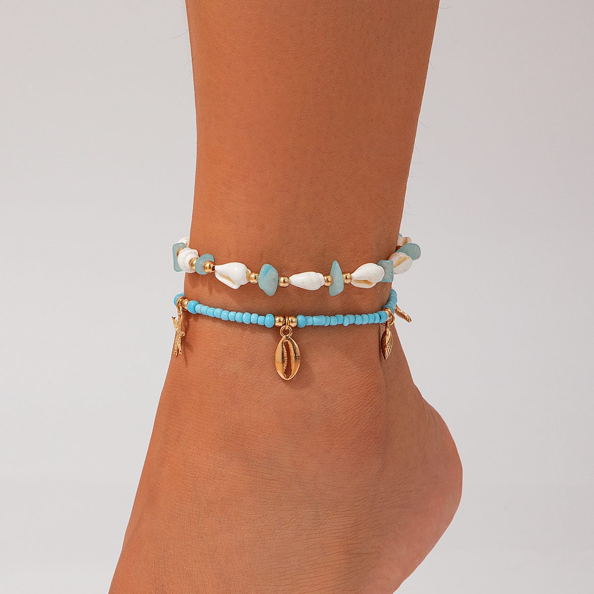 Beach Style Layered Conch Starfish Charm Turquoise Seed Beaded Anklet Set