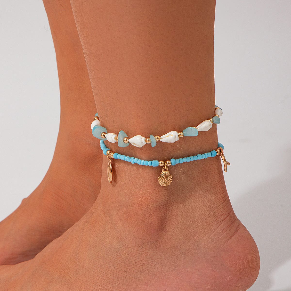 Beach Style Layered Conch Starfish Charm Turquoise Seed Beaded Anklet Set