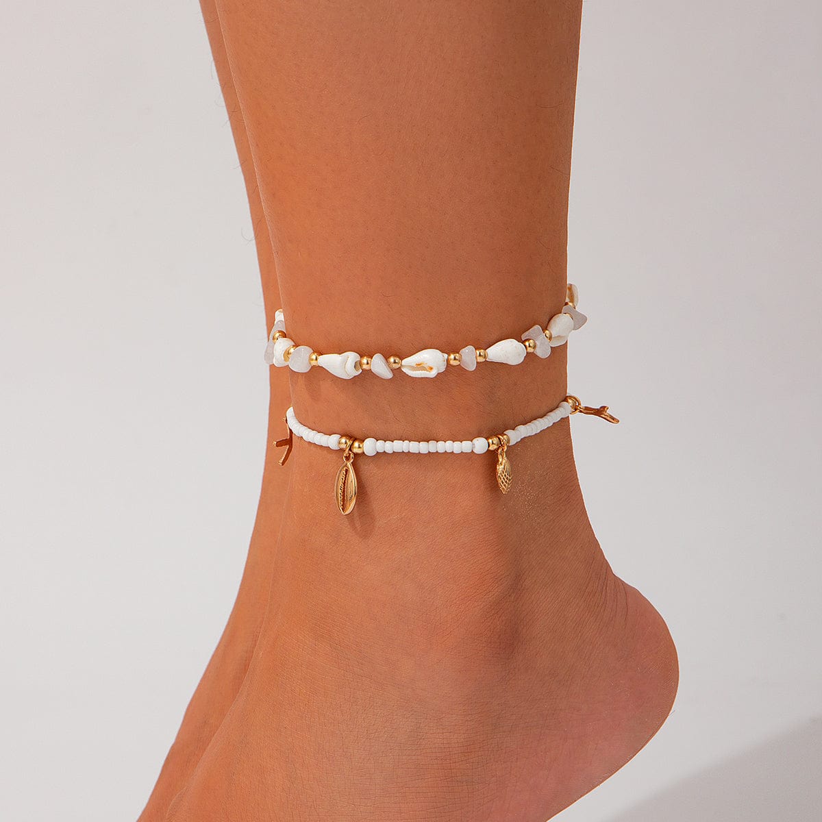 Beach Style Layered Conch Starfish Charm Turquoise Seed Beaded Anklet Set