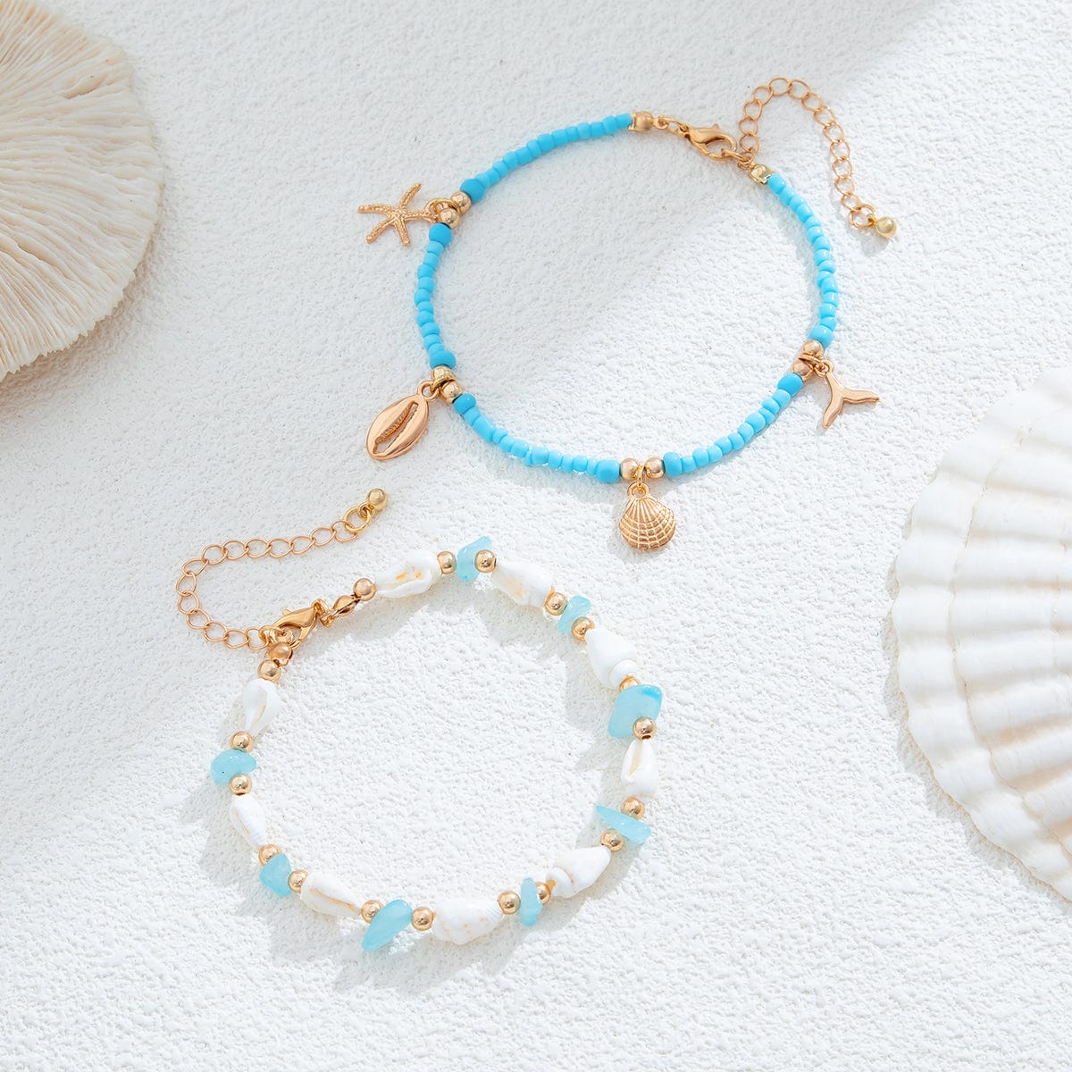 Beach Style Layered Conch Starfish Charm Turquoise Seed Beaded Anklet Set